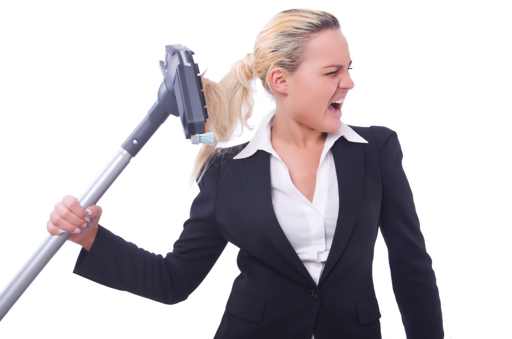 Businesswoman with vacuum cleaner on white